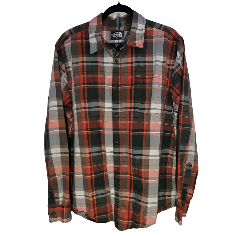 The North Face Plaid Shirt Mens XL Orange Grey Long Sleeve Button Down Cotton